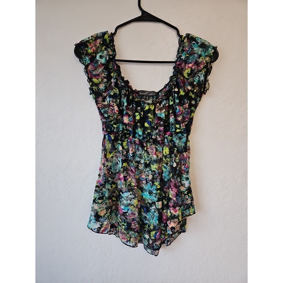 Almost Famous Sz Small Y2k Babydoll Sheer Blouse Floral whimsigoth fairygrunge - Picture 3 of 10